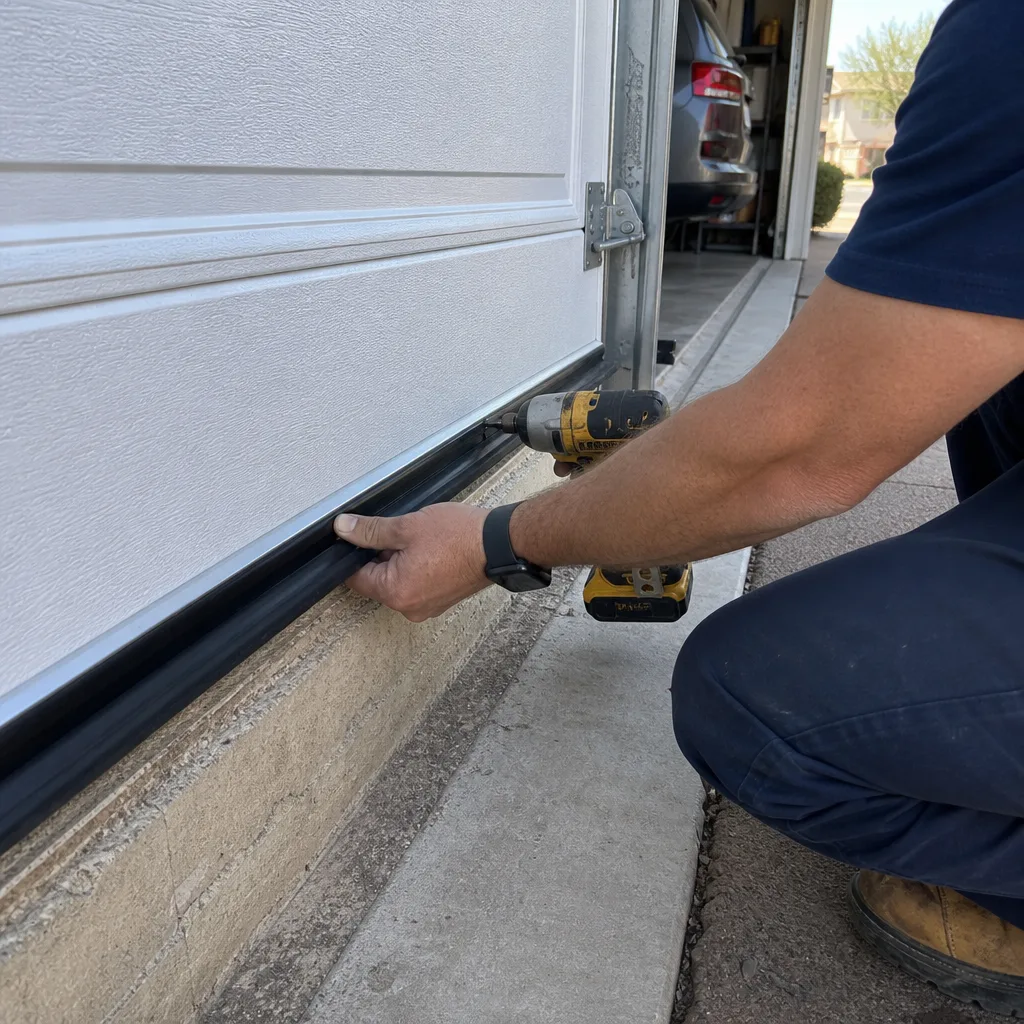 Technician installing garage door bottom weather seal with power drill