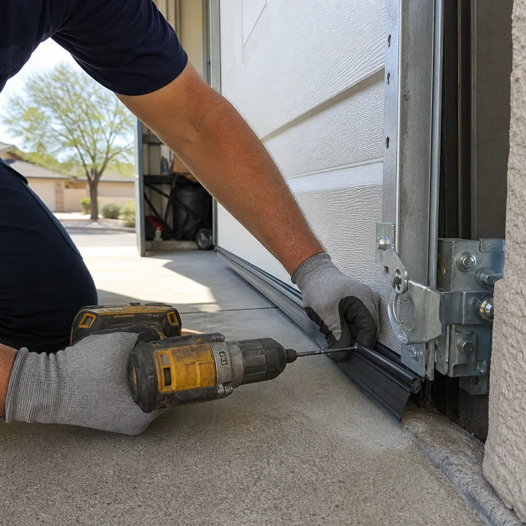 Technician using a power drill to install garage door bottom weather seal