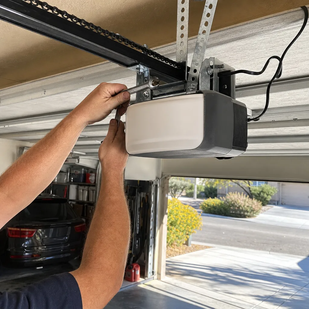 Technician performing garage door opener repair and installation
