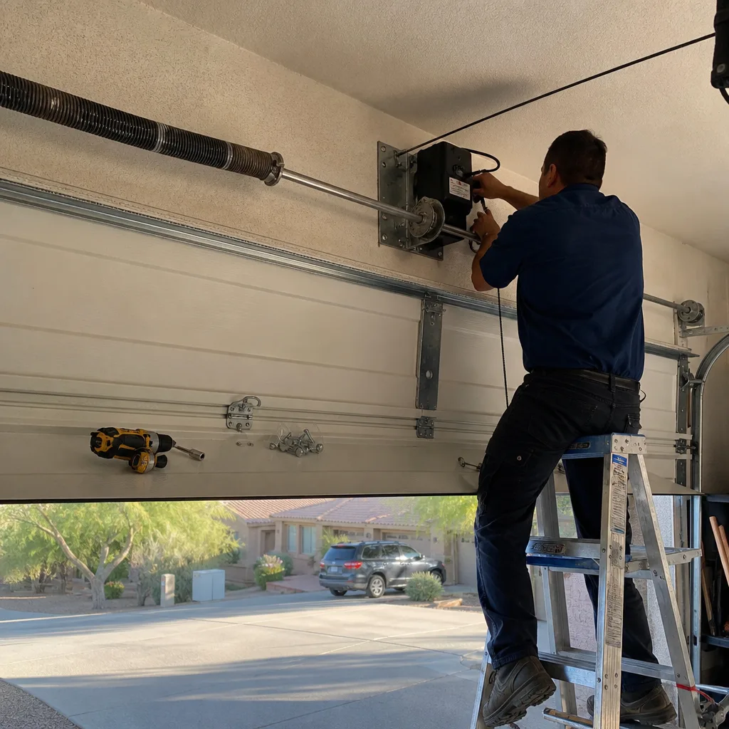 Technician performing professional garage door opener repair and installation.