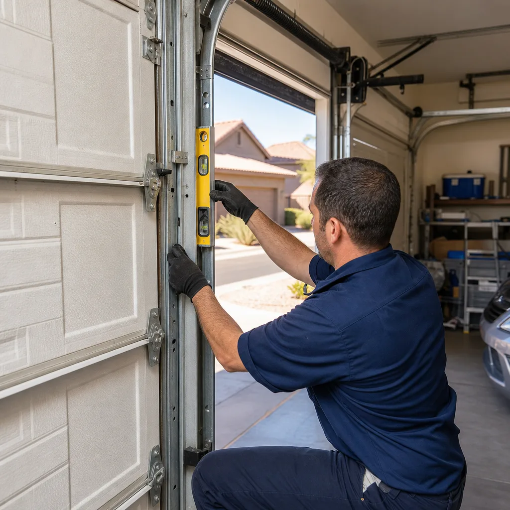 Technician using a level to inspect garage door track alignment