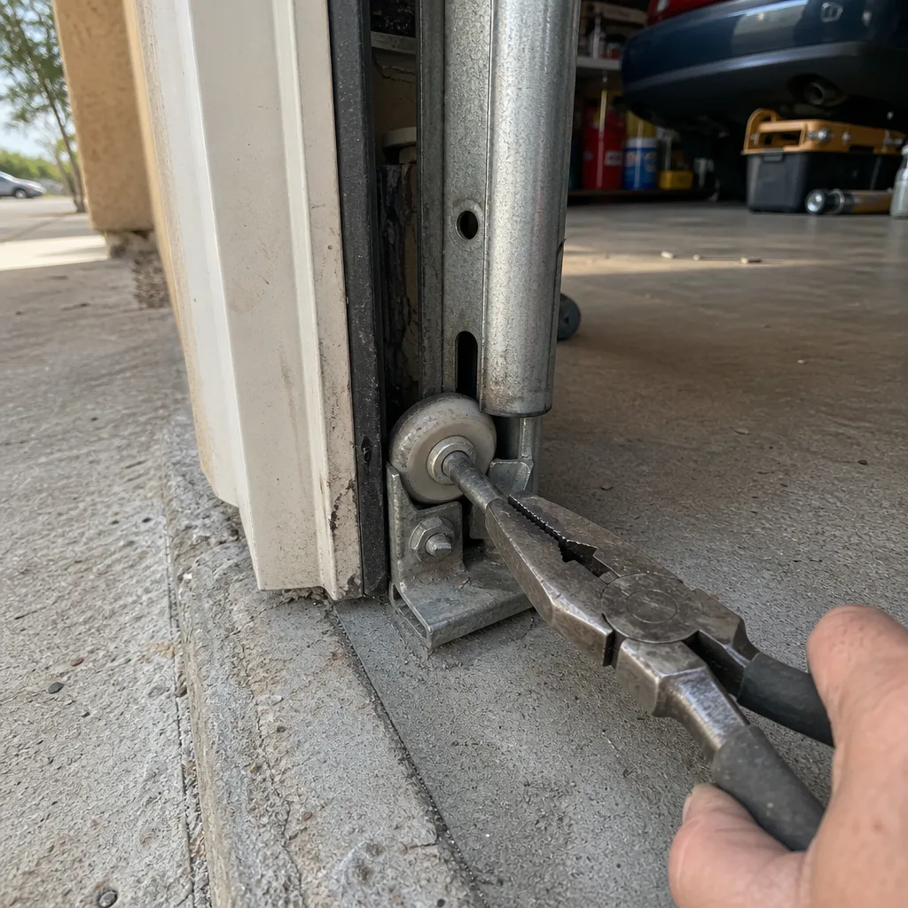 Technician using pliers to repair a garage door roller mechanism
